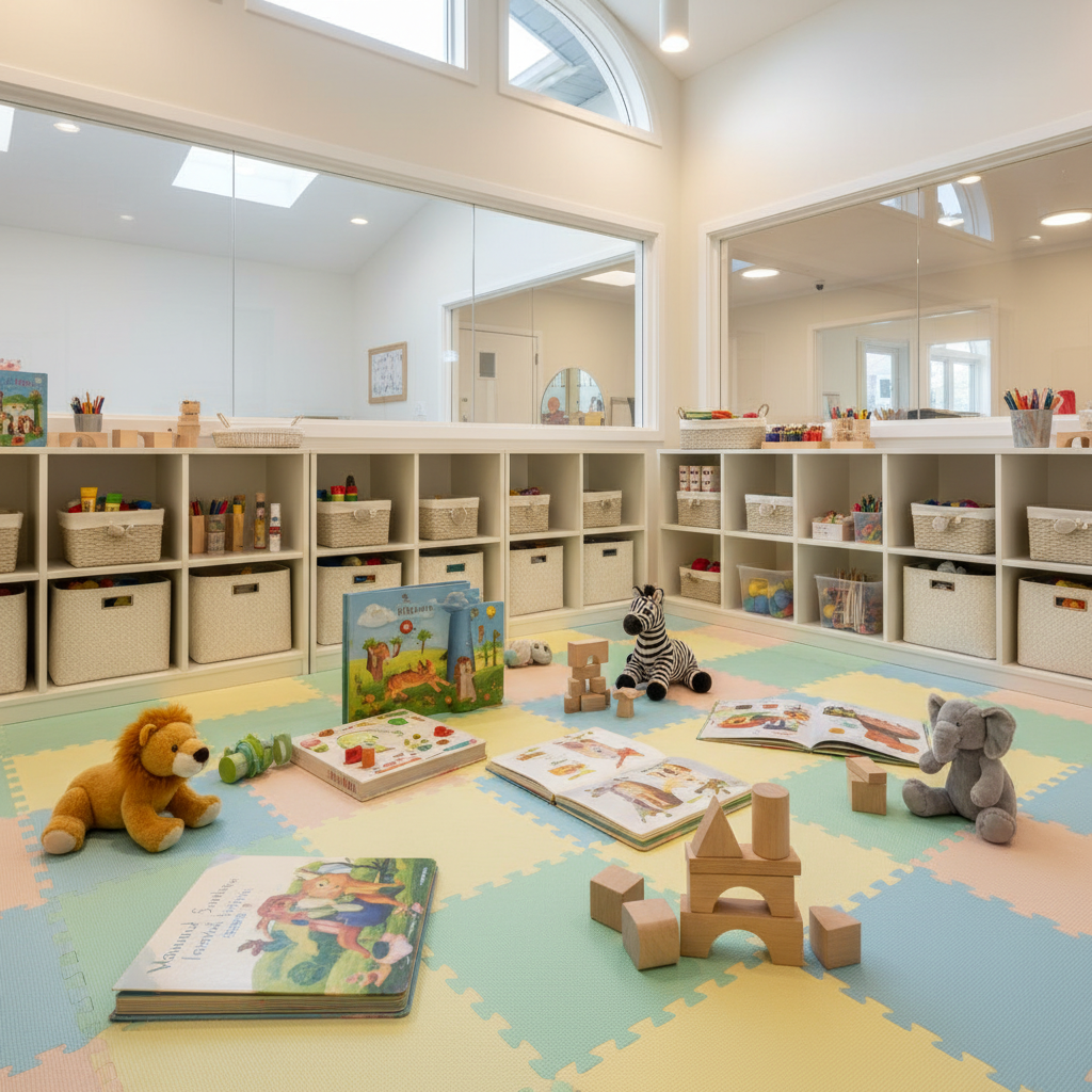 A cozy, supervised playroom in a daycare center, captured in photographic realism with no people visible. In the foreground, a soft, thick foam play mat in pastel puzzle pieces covers the floor, scattered with plush animal toys, stackable wooden blocks, and large, non-branded picture books. Against the wall, low open shelving made of smooth white laminate holds organized baskets of art supplies and sensory toys. Large interior windows show a glimpse of an adjoining room, suggesting observation and safety. Soft natural daylight filters through high windows, mixed with warm overhead lighting, creating gentle, diffuse shadows. Shot from a slightly elevated angle using the rule of thirds, the scene feels bright, secure, and engaging, clearly highlighting safe, supervised play without showing any children.