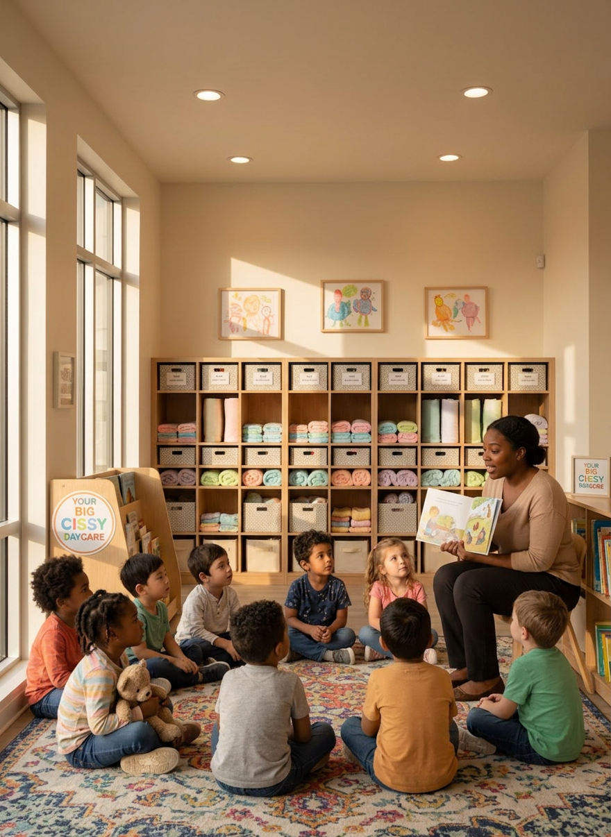 Teacher reading a storybook to children seated on a rug in a daycare classroom